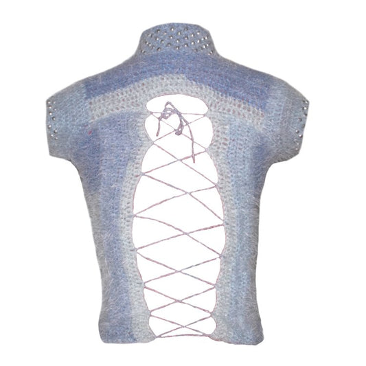 Bailey Prado Gradient Beaded Top featuring a hand-knit blue gradient mohair top with bead embellished trim, mock neckline, cap sleeves, and an adjustable lace-up back.