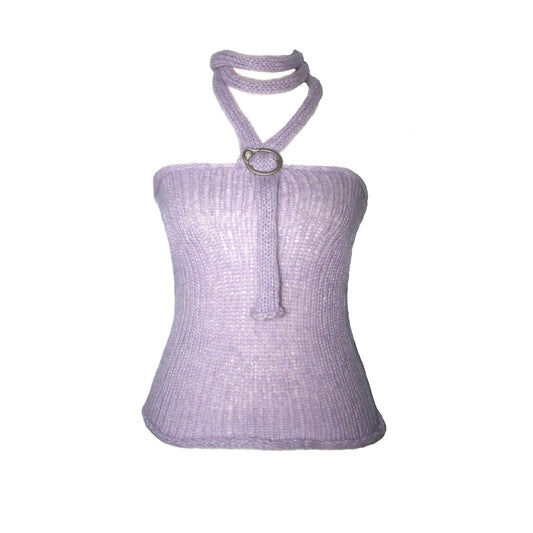 Handmade lavender knit halter tank with a silver buckle detail and adjustable back tie by Bailey Prado.