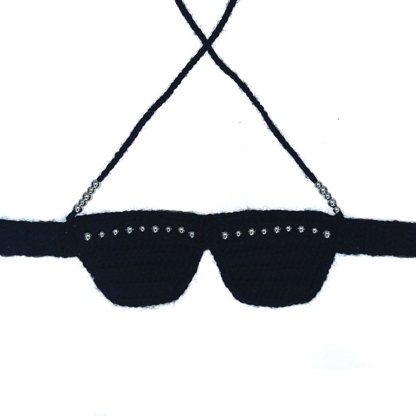 Bailey Prado Black Beaded Bra featuring a handmade black crochet bralette with silver bead embellishments, halter ties, and a button back closure