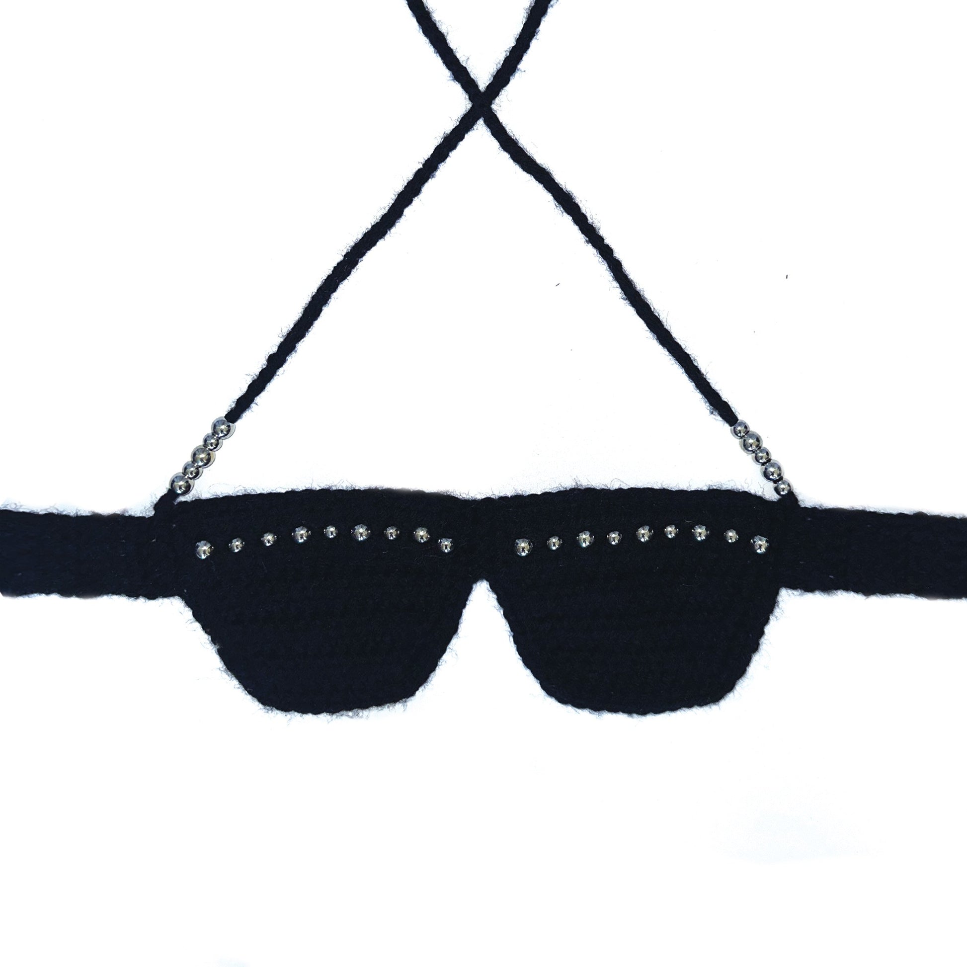 Bailey Prado Black Beaded Bra featuring a handmade black crochet bralette with silver bead embellishments, halter ties, and a button back closure