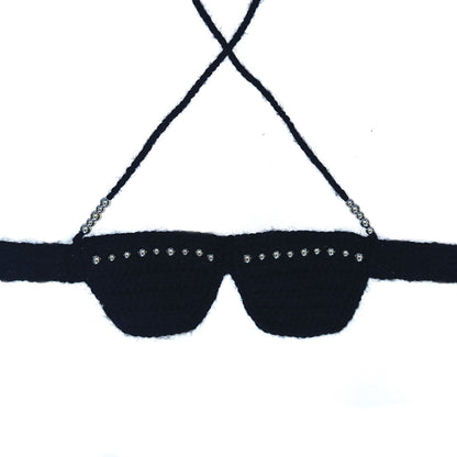 Bailey Prado Black Beaded Bra featuring a handmade black crochet bralette with silver bead embellishments, halter ties, and a button back closure