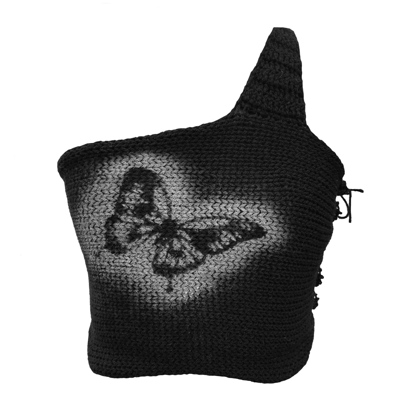Bailey Prado Butterfly Tank featuring a one-shoulder crochet crop top with a hand spray-painted butterfly design and lace-up side fastening.