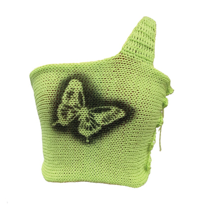 Bailey Prado Butterfly Tank featuring a one-shoulder crochet crop top with a hand spray-painted butterfly design and lace-up side fastening.