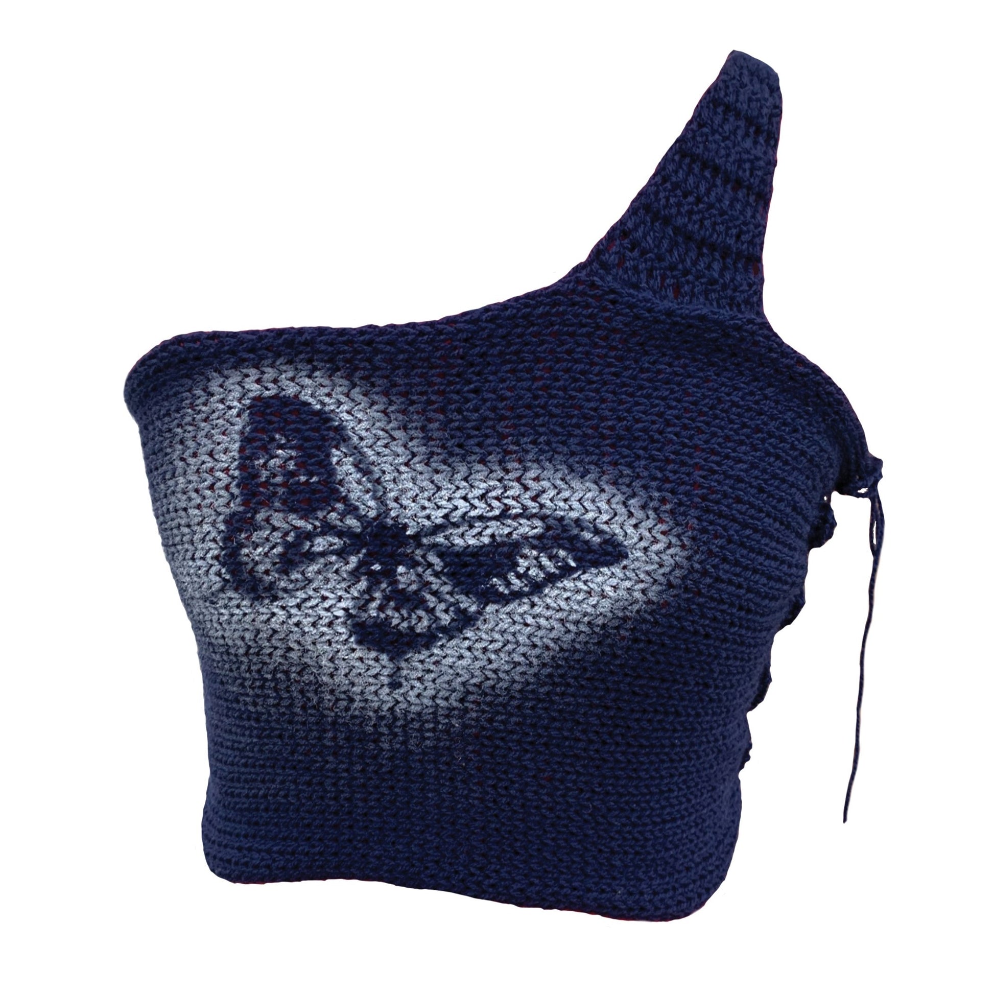 Bailey Prado Butterfly Tank featuring a one-shoulder crochet crop top with a hand spray-painted butterfly design and lace-up side fastening.