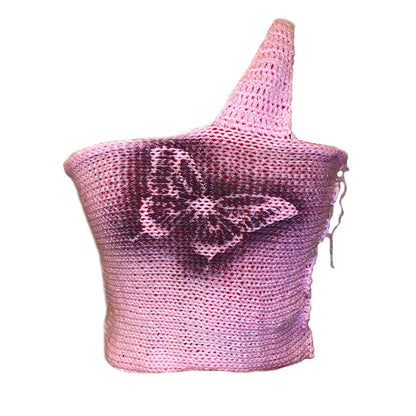 Bailey Prado Butterfly Tank featuring a one-shoulder crochet crop top with a hand spray-painted butterfly design and lace-up side fastening.