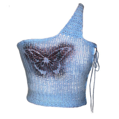 Bailey Prado Butterfly Tank featuring a one-shoulder crochet crop top with a hand spray-painted butterfly design and lace-up side fastening.