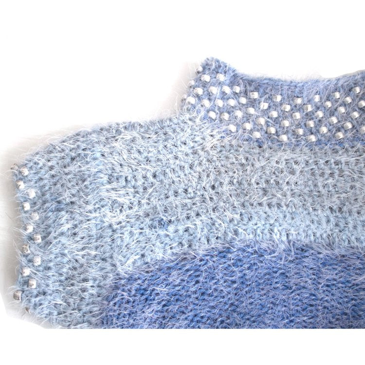 Close-up of the gradient mohair knit, silver bead embellished neckline and sleeves, and handcrafted detailing on the Bailey Prado Gradient Beaded Top.