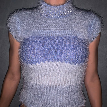 Model wearing the Bailey Prado Gradient Beaded Top, a blue ombré mohair knit top finished with silver bead trim and a lace-up back.