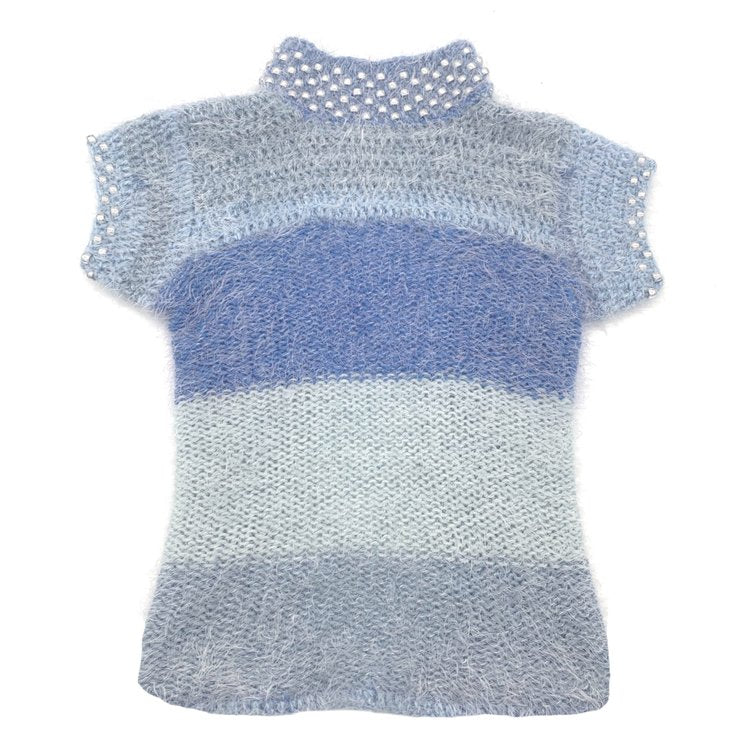 Bailey Prado Gradient Beaded Top featuring a hand-knit blue gradient mohair top with pearl embellished trim, mock neckline, cap sleeves, and an adjustable lace-up back.