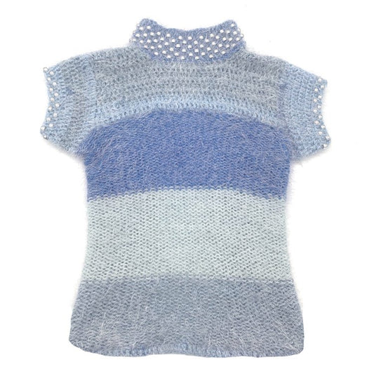 Bailey Prado Gradient Beaded Top featuring a hand-knit blue gradient mohair top with pearl embellished trim, mock neckline, cap sleeves, and an adjustable lace-up back.