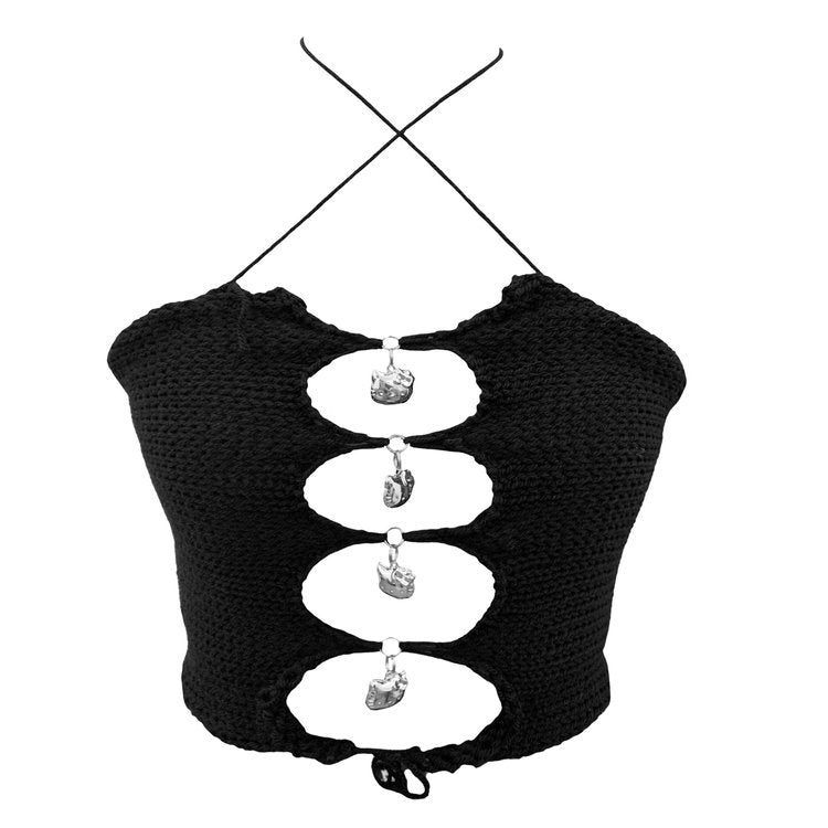Bailey Prado Kitty Locket Top featuring a handmade baby blue crochet halter top with working Hello Kitty locket charms and an adjustable lace-up front.