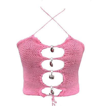 Bailey Prado Kitty Locket Top featuring a handmade baby blue crochet halter top with working Hello Kitty locket charms and an adjustable lace-up front.
