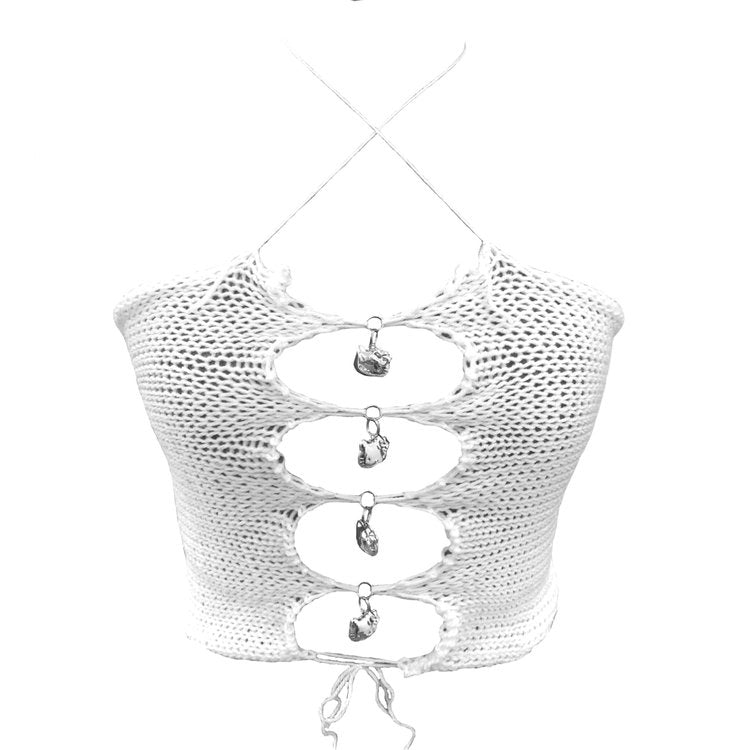 Bailey Prado Kitty Locket Top featuring a handmade baby blue crochet halter top with working Hello Kitty locket charms and an adjustable lace-up front.