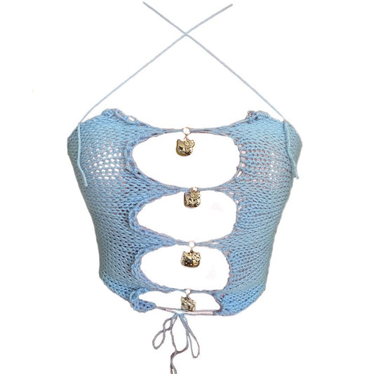 Bailey Prado Kitty Locket Top featuring a handmade baby blue crochet halter top with working Hello Kitty locket charms and an adjustable lace-up front.