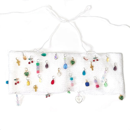 Handmade Original Charm Top featuring colorful mixed charm embellishments, adjustable lace-up back, and barely-there halter neck ties by Bailey Prado.