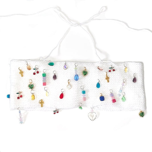 Handmade Original Charm Top featuring colorful mixed charm embellishments, adjustable lace-up back, and barely-there halter neck ties by Bailey Prado.