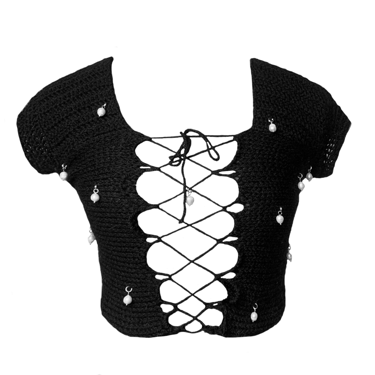 Bailey Prado Pearl Lace Up Top featuring a handmade black crochet top with a lace-up front and real freshwater pearl embellishments.