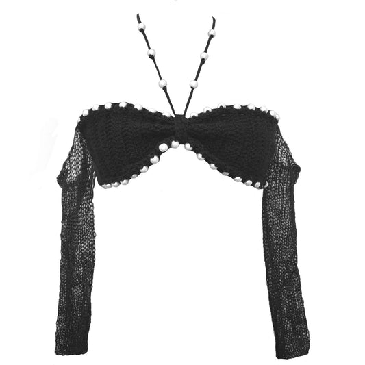 Bailey Prado Pearl Mohair Top featuring a black hand-crocheted off-the-shoulder top with long mohair sleeves and pearl embellished trim.