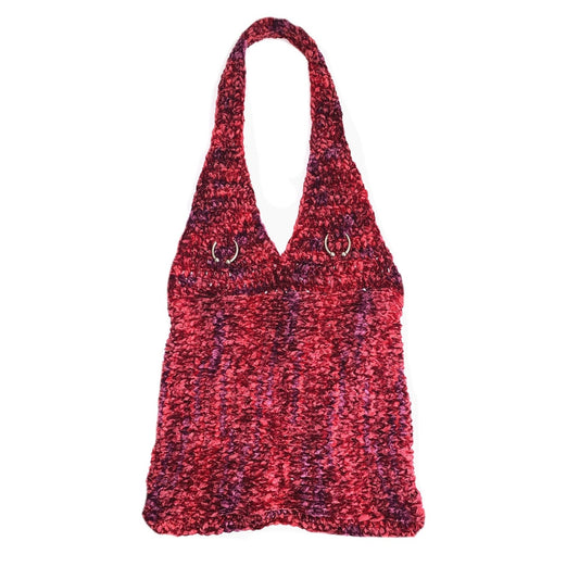 Bailey Prado Piercing Tank featuring a burgundy crochet halter tank with silver horseshoe barbell hardware and an adjustable lace-up back.