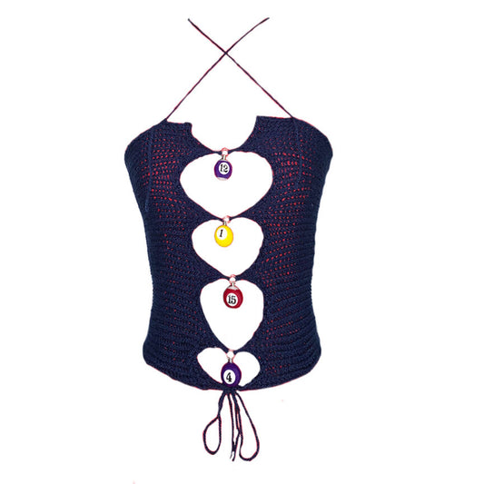  Bailey Prado Pool Ball Top featuring a navy blue crochet halter top with adjustable lace-up front, pool ball charm embellishments, and barely-there straps.