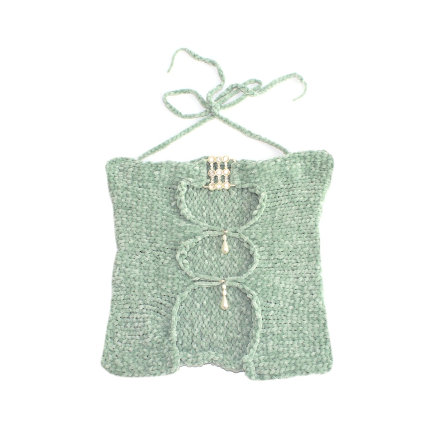 Bailey Prado Sea Green Velvet Top featuring a hand-crocheted sea green velvet halter top with a rhinestone buckle, pearl embellishments, and front cutout detailing.