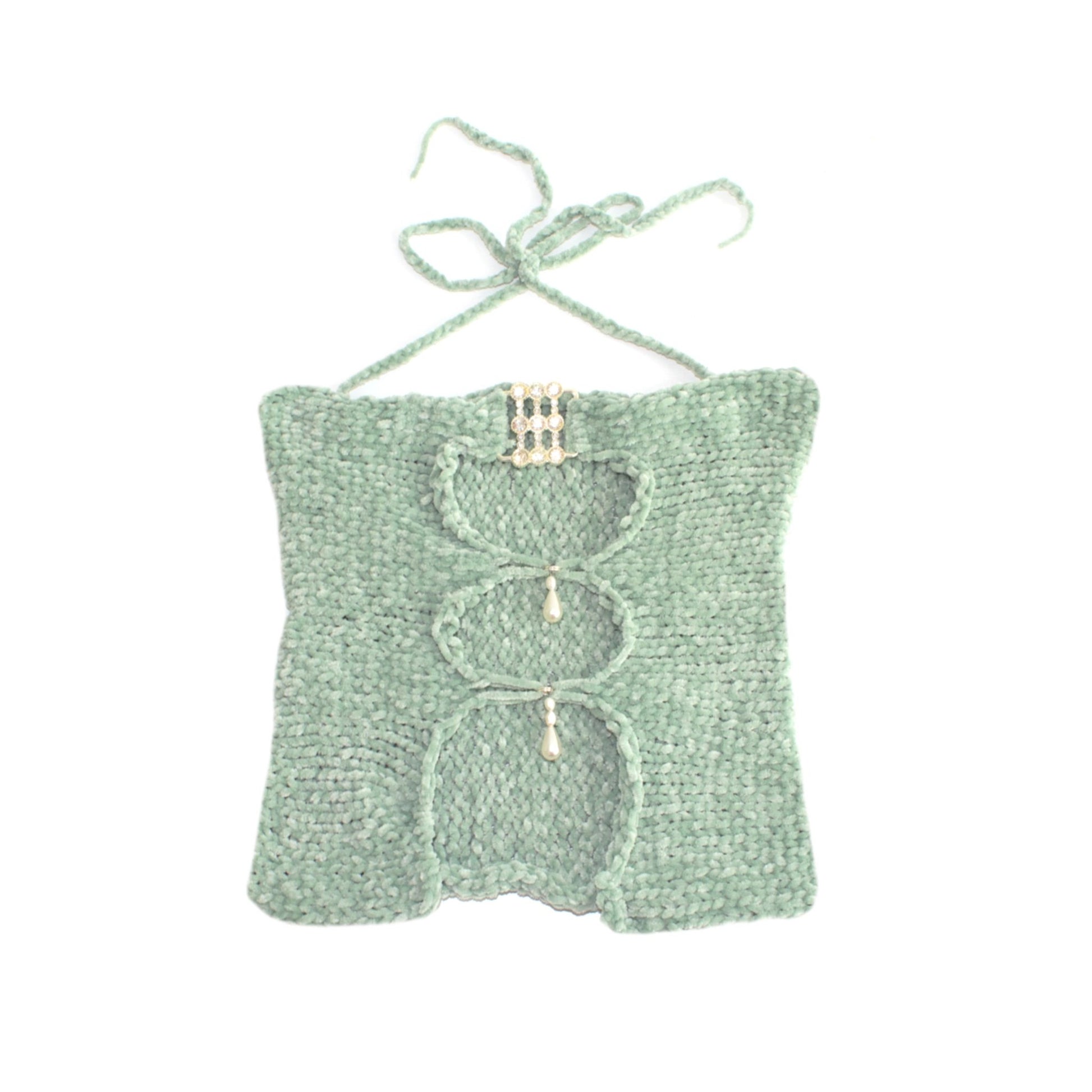 Bailey Prado Sea Green Velvet Top featuring a hand-crocheted sea green velvet halter top with a rhinestone buckle, pearl embellishments, and front cutout detailing.
