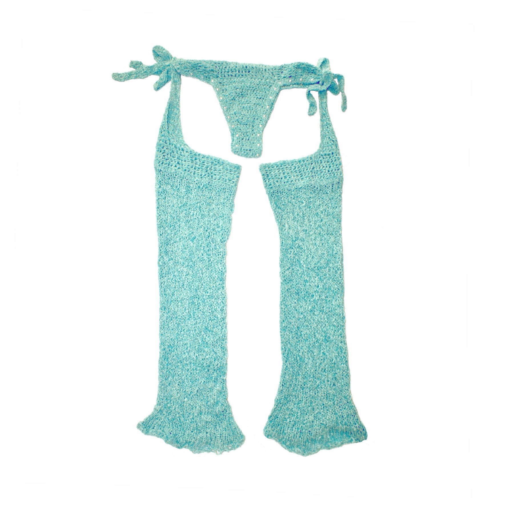 Bailey Prado Velvet Teal Chaps featuring hand-crocheted teal knit leg warmers with attached adjustable tie waistband, crafted from vintage velvet yarn.