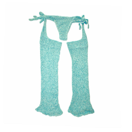Bailey Prado Velvet Teal Chaps featuring hand-crocheted teal knit leg warmers with attached adjustable tie waistband, crafted from vintage velvet yarn.