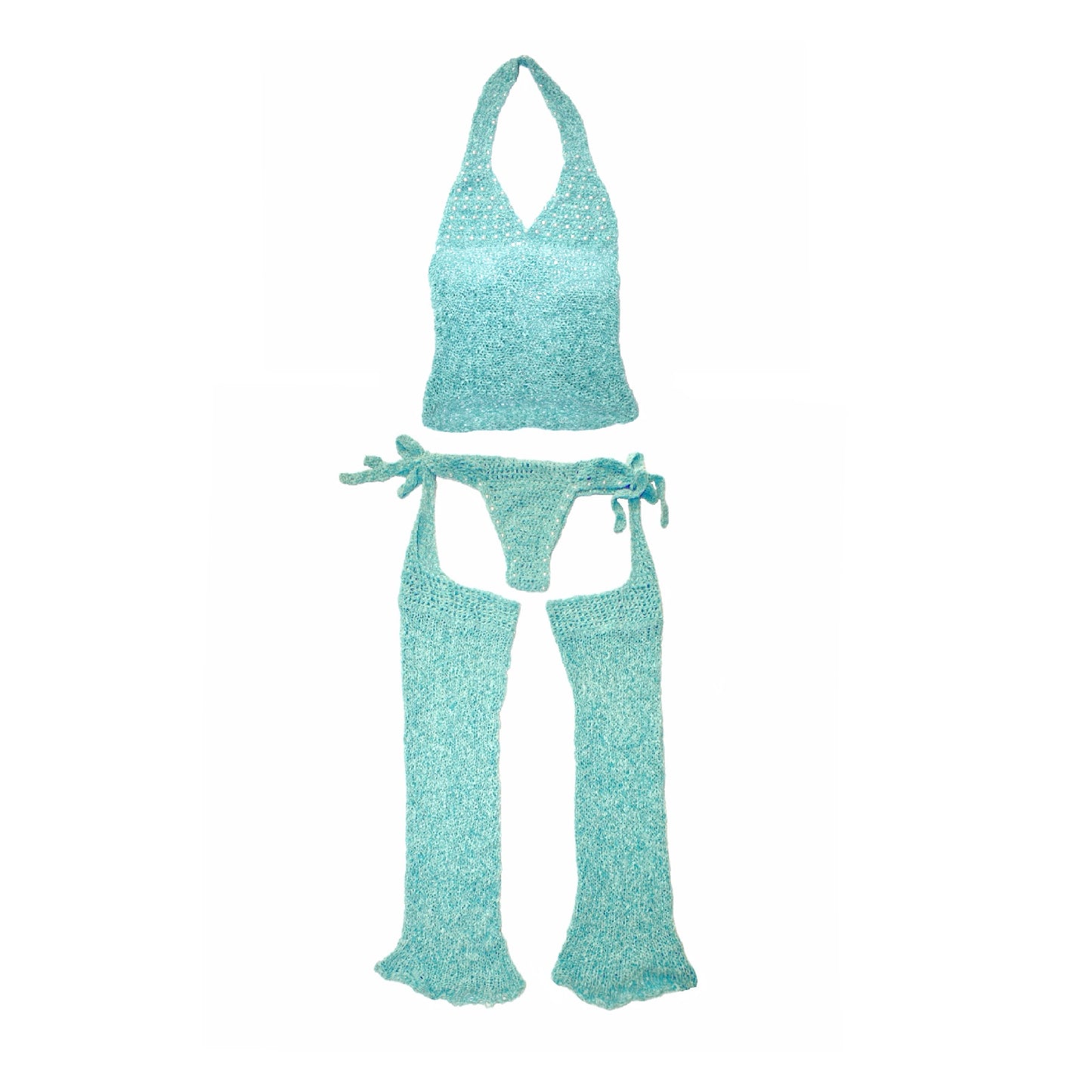 Bailey Prado Velvet Teal Chaps featuring hand-crocheted teal knit leg warmers with attached adjustable tie waistband, crafted from vintage velvet yarn.