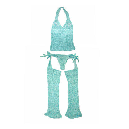 Bailey Prado Velvet Teal Chaps featuring hand-crocheted teal knit leg warmers with attached adjustable tie waistband, crafted from vintage velvet yarn.