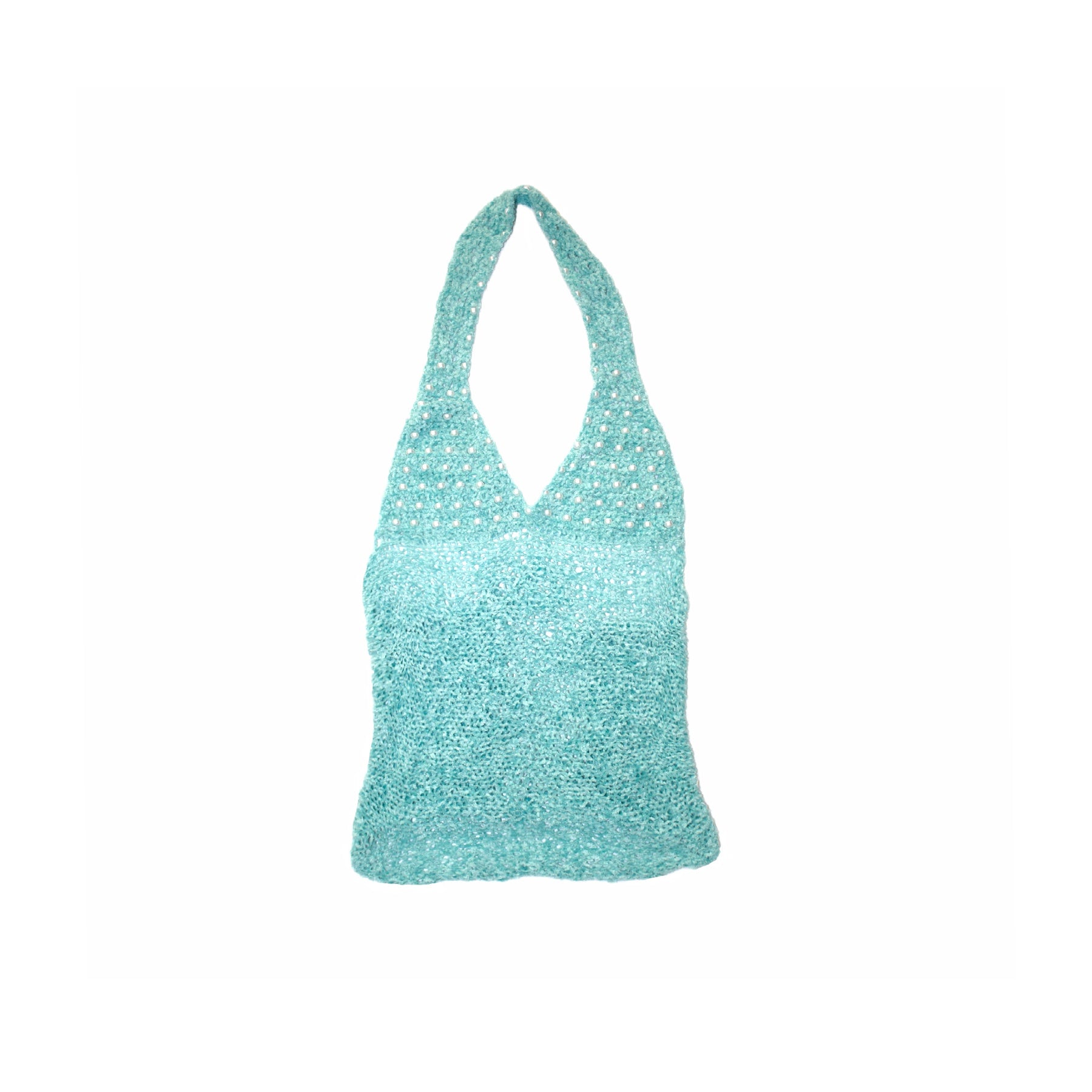 Bailey Prado Velvet Teal Tank featuring a hand-crocheted teal halter top made from vintage velvet yarn with pearl detailing and an adjustable lace-up back.