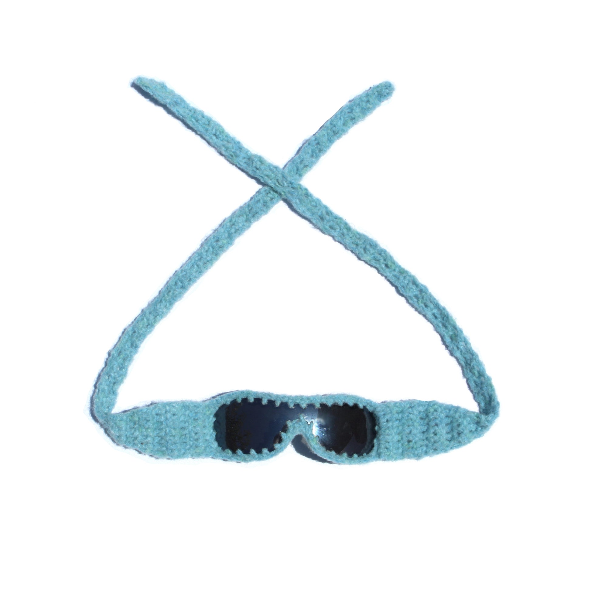 Handmade knitted sunnies by Bailey Prado featuring UV400 protective lenses, available in red, black, pink, and blue.