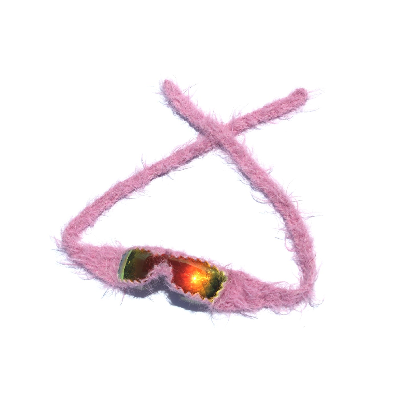 Handmade knitted sunnies by Bailey Prado featuring UV400 protective lenses, available in red, black, pink, and blue.