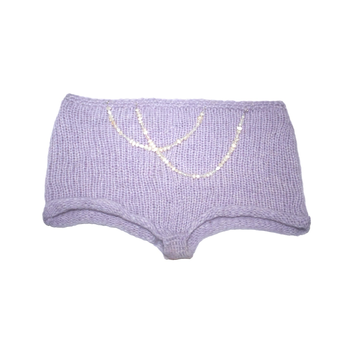 Handmade lavender knit Lola Pearl String Shorts with freshwater pearl strap details by Bailey Prado.