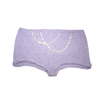 Handmade lavender knit Lola Pearl String Shorts with freshwater pearl strap details by Bailey Prado.