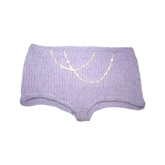 Handmade lavender knit Lola Pearl String Shorts with freshwater pearl strap details by Bailey Prado.