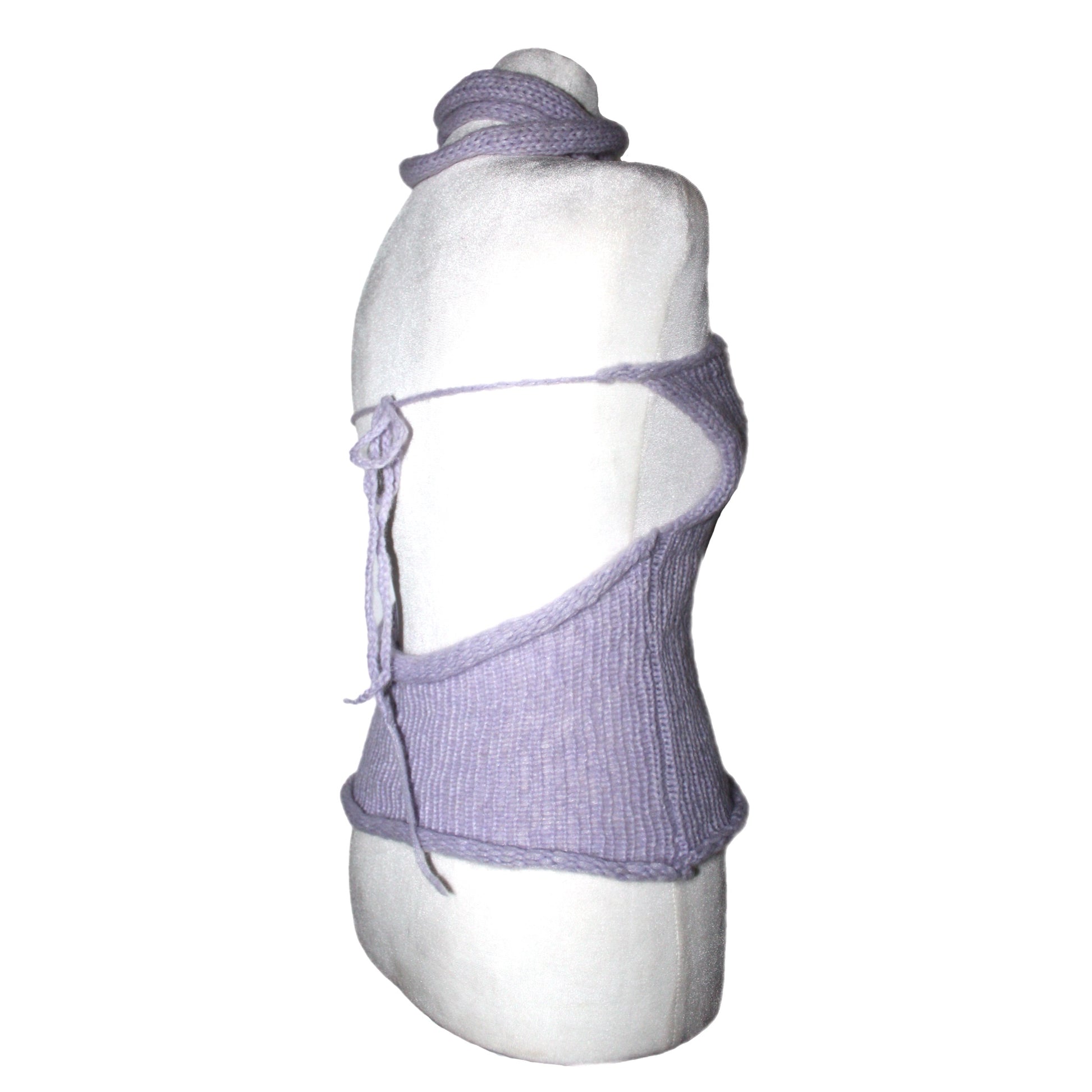 side of Handmade lavender knit halter tank with a silver buckle detail and adjustable back tie by Bailey Prado.