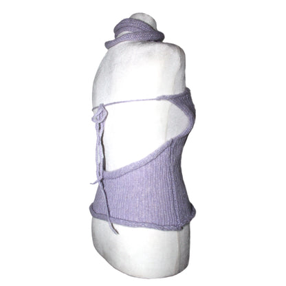 side of Handmade lavender knit halter tank with a silver buckle detail and adjustable back tie by Bailey Prado.