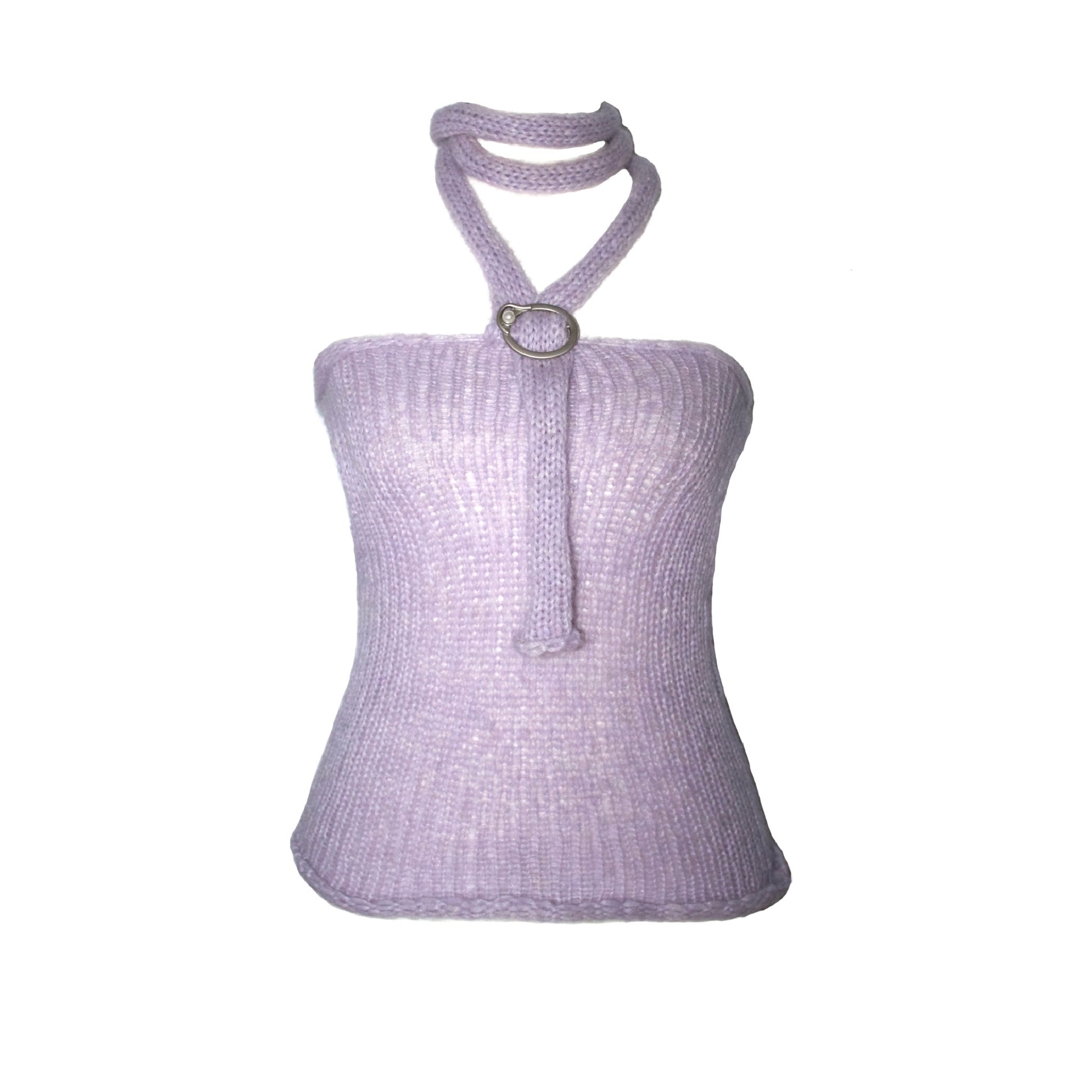 Handmade lavender knit halter tank with a silver buckle detail and adjustable back tie by Bailey Prado.