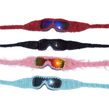 Handmade knitted sunnies by Bailey Prado featuring UV400 protective lenses, available in red, black, pink, and blue.