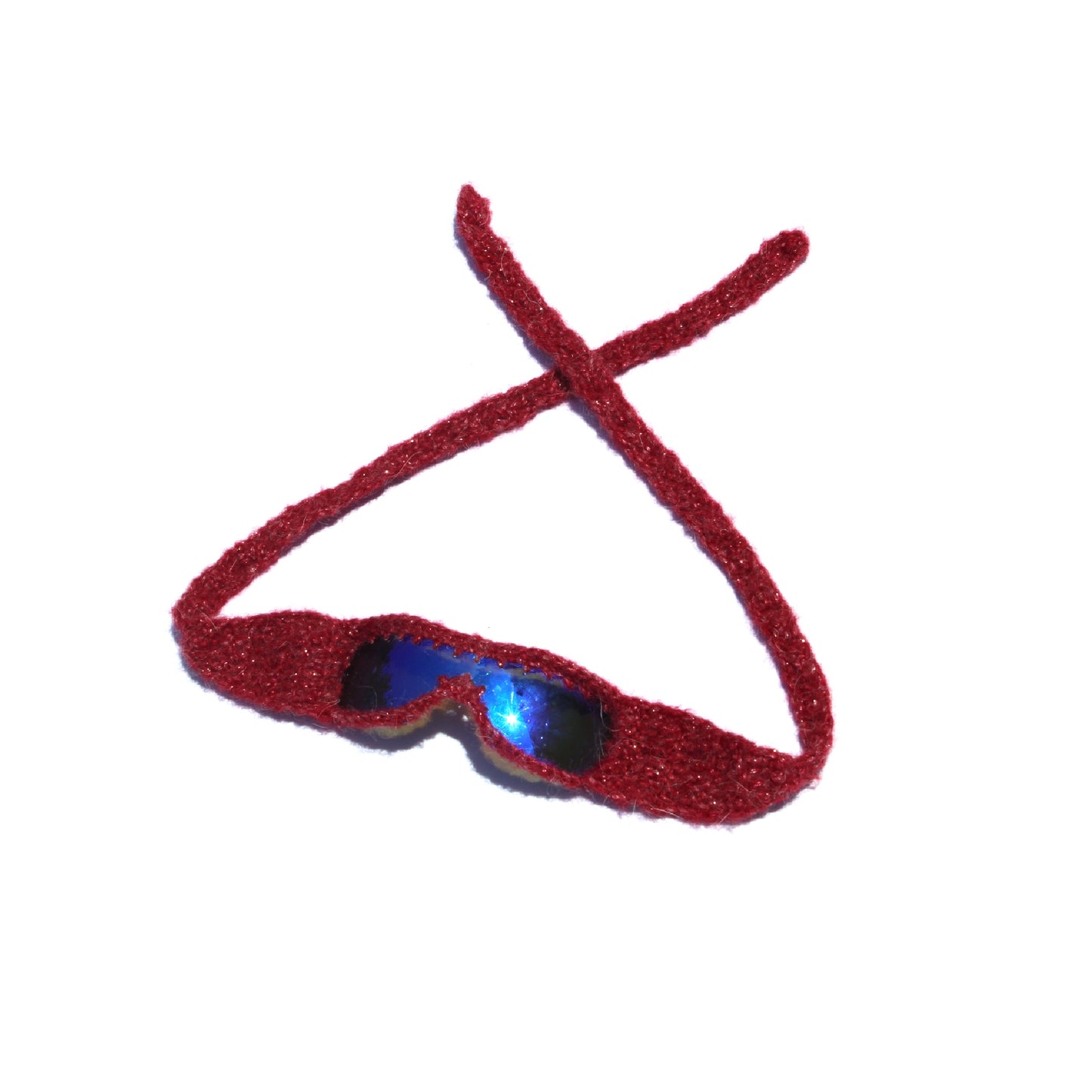 Handmade knitted sunnies by Bailey Prado featuring UV400 protective lenses, available in red, black, pink, and blue.